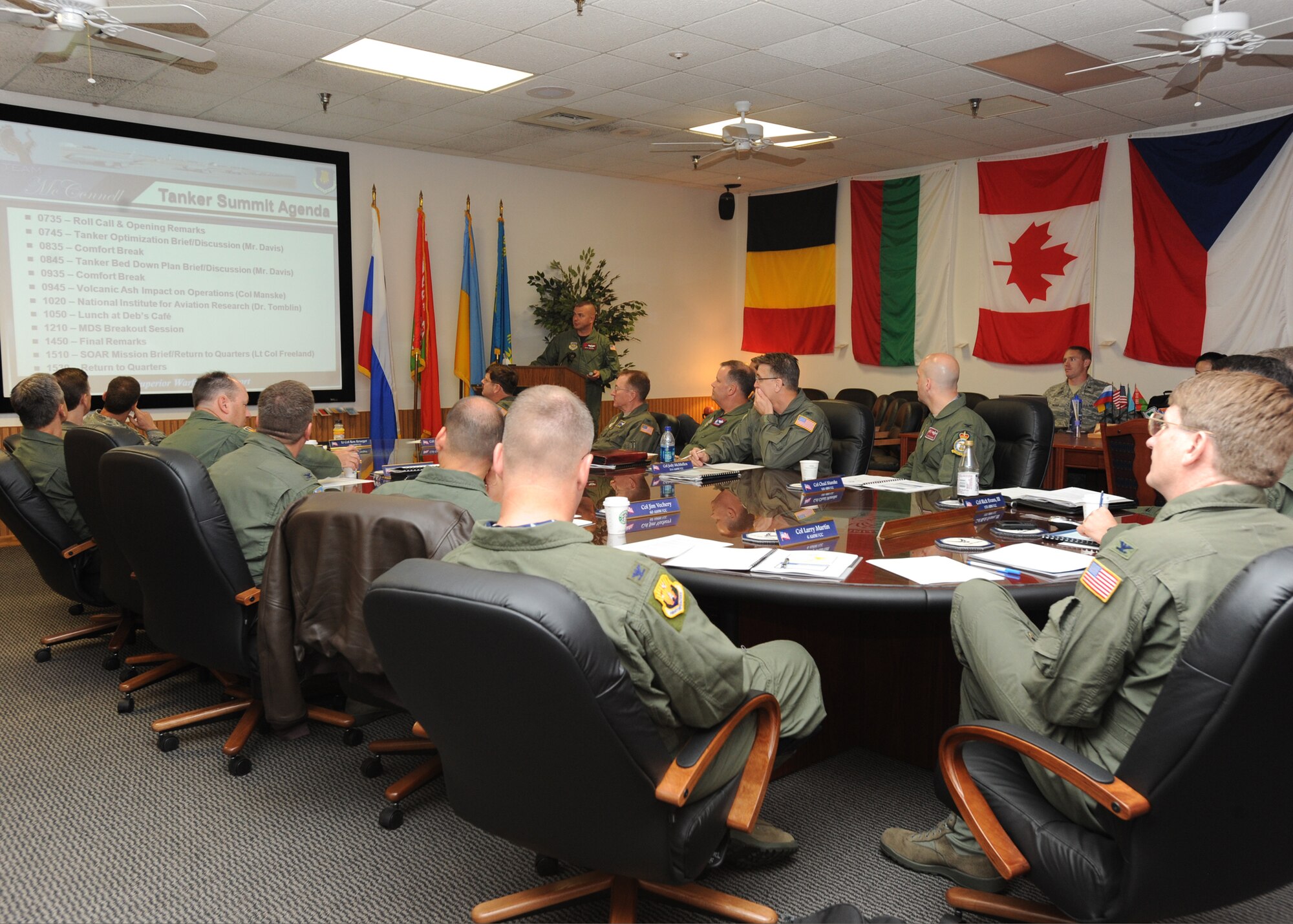 Active-duty, Guard and Reserve wing commanders throughout Air Mobility Command discuss future plans for tanker aircraft during the 2010 Tanker Summit May 26, 2010, McConnell Air Force Base, Kan.  The summit’s main focus was to identify problems and find solutions pertaining to the KC-135 Stratotanker and the KC-10 Extender aircraft. McConnell, the largest KC-135 tanker base in the world, hosted the summit courtesy of Col. Jamie Crowhurst, 22nd Air Refueling Wing commander. (U.S. Air Force photo/Airman 1st Class Andrea Salazar)