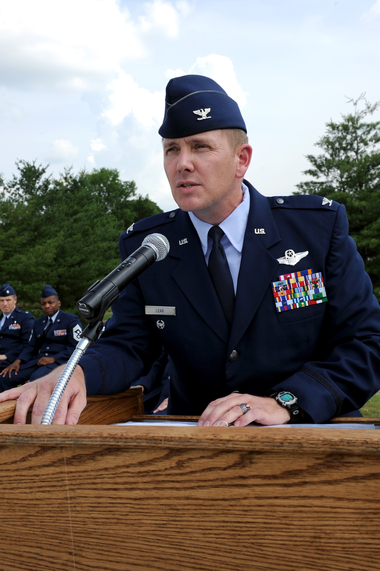 Col. Kirk Lear, 314th Airlift Wing vice commander, recites “In Flanders Fields” by Canadian poet and soldier, Lt. Col. John McCrae, May 26 during the base’s Memorial Day retreat ceremony. Colonel Lear was the guest speaker for the ceremony. (U.S. Air Force photo by Senior Airman Ethan Morgan)