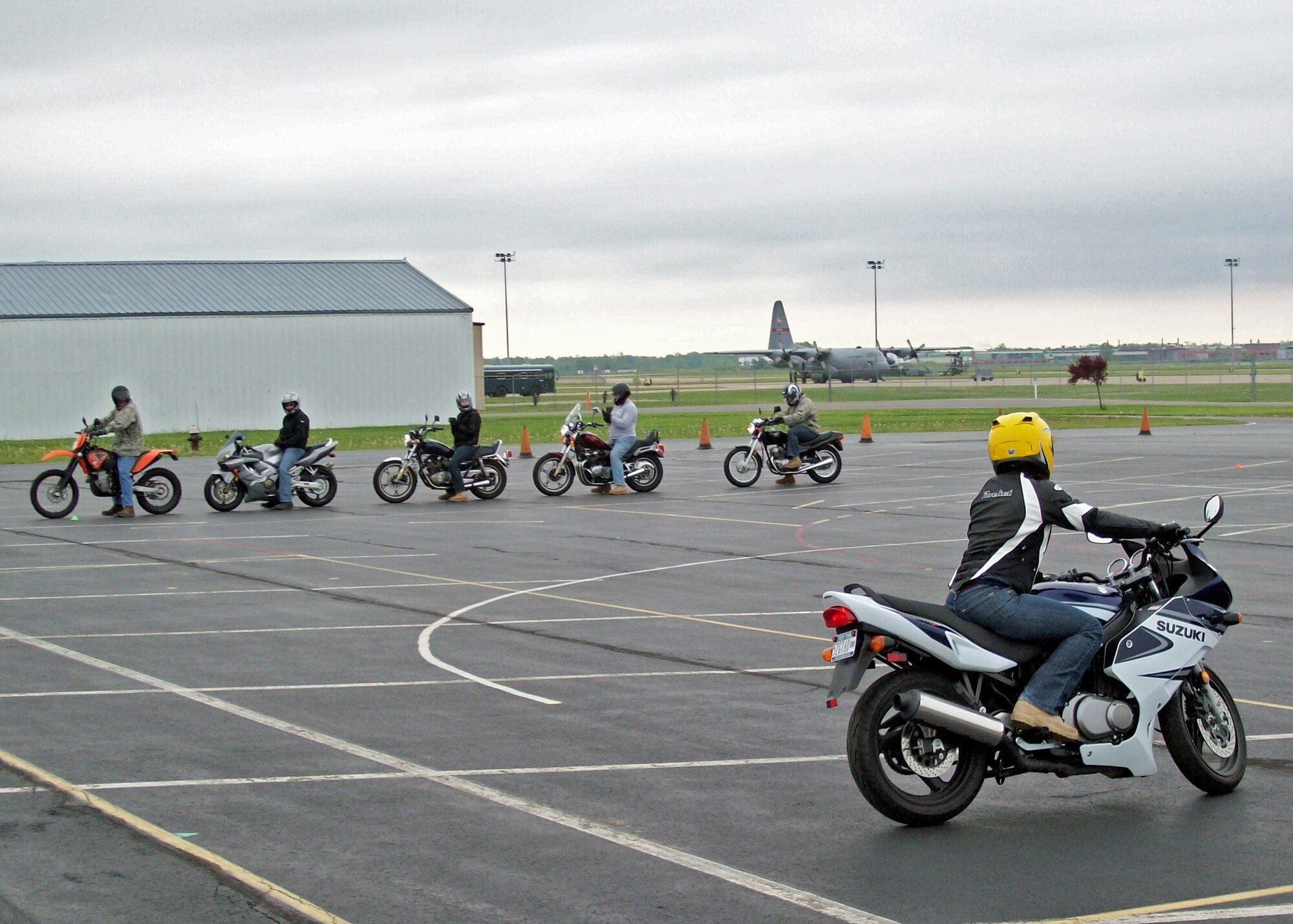 Students participate in a 15 hour class to obtain their New York State Motorcycle License May 22, 2010, Niagara Falls Air Reserve Station, Niagara Falls NY. The beginner class has 5 hours of in class instruction and 10 hours of on the road riding training. (U.S. Air Force photo by Master Sgt. Marty Viggato)
