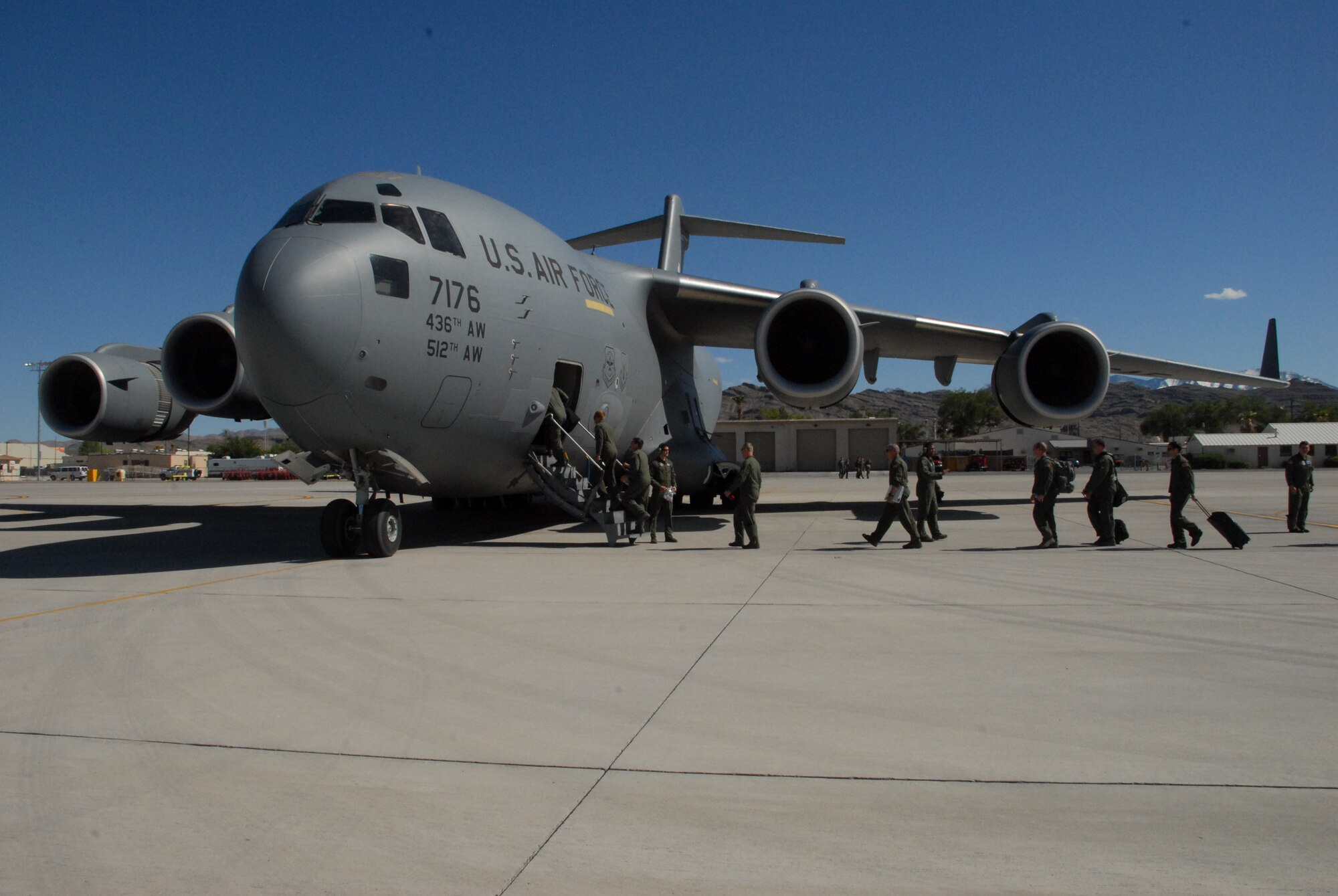 A C-17 Globemaster III aircrew from Dover Air Force Base departs Nellis AFB, Nev. after a successful Mobility Air Forces Exercise May 20. (U.S Air Force photo/2d Lt. Jennifer Guerrero) 