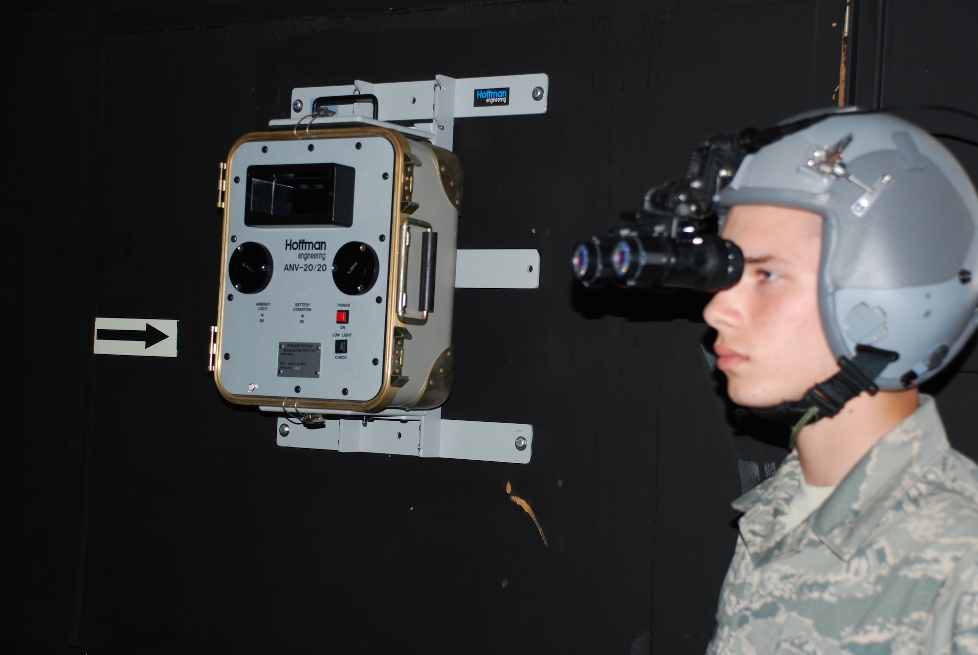 To prepare G-Model night vision goggles for a pre-flight inspection on a tester, Airman Charles Francey, 381st Training Squadron student, adjusts the fit of the goggles May 26, 2010, at Sheppard Air Force Base, Texas. The pre-flight inspection is a 180-day inspection requirement for every Aircrew Flight Equipment technician. (U.S. Air Force photo/Airman 1st Class Valerie Hosea)