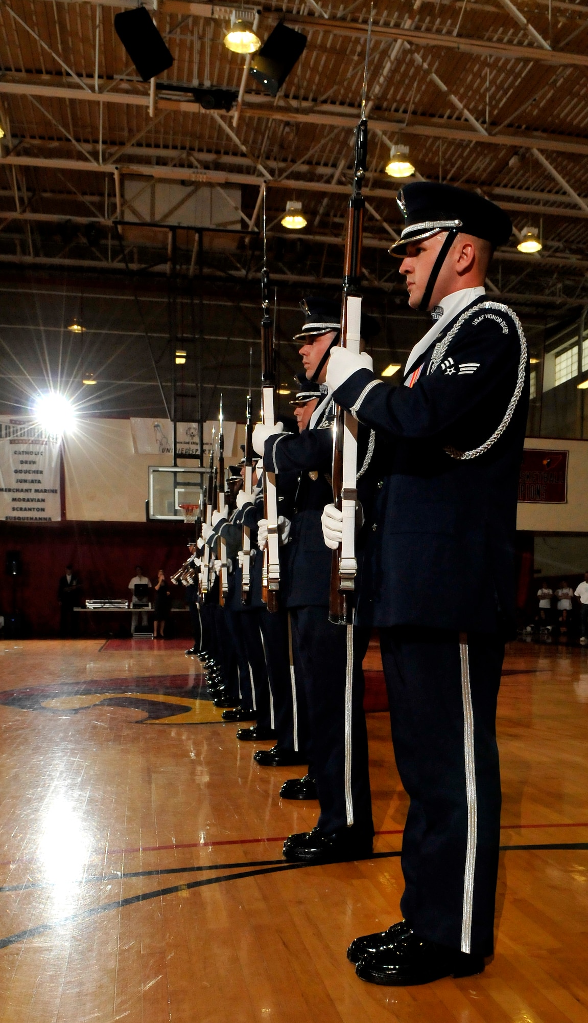 The United States Air Force Honor Guard Drill Team performs before hundreds of spectators and athletes at the 41st Special Olympics D.C. Summer Games opening ceremonies May 25 at Catholic University. The Special Olympics is a three-day event drawing athletes and volunteers from throughout the National Capital Region including many from Bolling Air Force Base. The summer games and other Special Olympics D.C. programs are designed to raise awareness for people with special needs. (U.S. Air Force photo by Airman 1st Class Katherine Windish) 