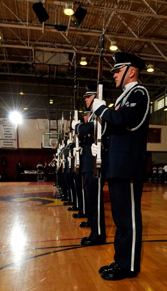 The United States Air Force Honor Guard Drill Team performs before hundreds of spectators and athletes at the 41st Special Olympics D.C. Summer Games opening ceremonies May 25 at Catholic University. The Special Olympics is a three-day event drawing athletes and volunteers from throughout the National Capital Region including many from Bolling Air Force Base. The summer games and other Special Olympics D.C. programs are designed to raise awareness for people with special needs. (U.S. Air Force photo by Airman 1st Class Katherine Windish) 