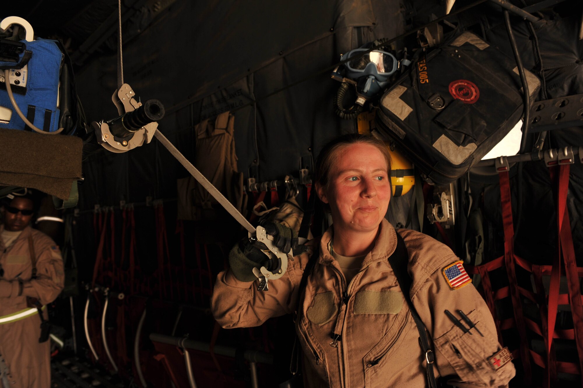 U.S. Air Force medical technician, Staff Sgt. Deida Sturges, configures a C-130 Hercules for an aeromedical evacuation flight at Joint Base Balad, Iraq, May 13, 2010.  Sergeant Sturges is deployed to the 332nd Expeditionary Aeromedical Evacuation Flight, Joint Base Balad, Iraq.  (U.S. Air Force photo/Staff Sgt. Quinton Russ/released)