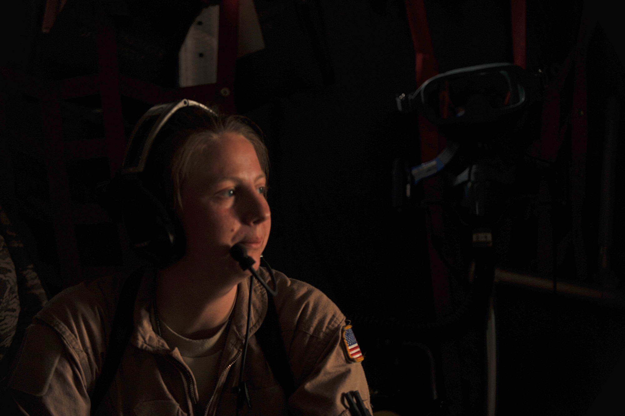 U.S. Air Force medical technician, Staff Sgt. Deida Sturges, prepares for takeoff in a C-130 Hercules at Joint Base Balad, Iraq, May 13, 2010. Sergeant Sturges is an aeromedical technician deployed to the 332nd Expeditionary Aeromedical Evacuation Flight, Joint Base Balad, Iraq.  (U.S. Air Force photo/Staff Sgt. Quinton Russ/released)