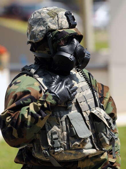 Airman 1st Class Daniel Coronado, 39th Security Forces Squadron, observes the scene of a simulated chemical attack during an anti-terrorism exercise Tuesday, May 25, 2010 at Incirlik Air Base.  The exercise tested the base’s terrorism-response ability.  The base was put into 24-hour operations for the duration of the exercise and accomplished a number of simulated artillery and chemical attacks.  (U.S. Air Force photo/Staff Sgt. Raymond Hoy)