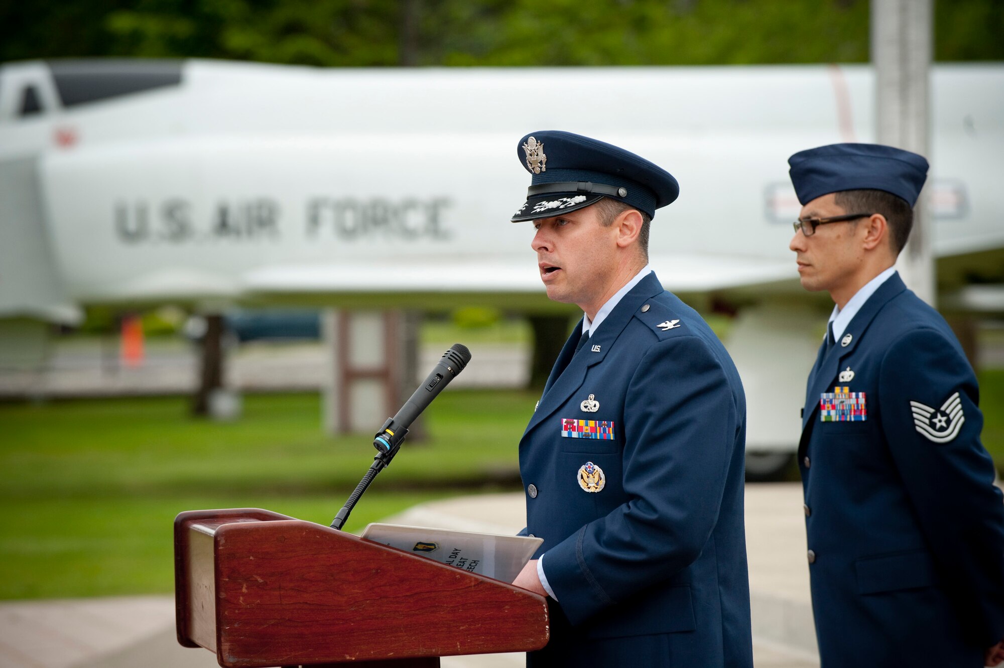 MISAWA AIR BASE, Japan -- Col. Kyle Matyi, 35th Maintenance Group commander, delivers a speech during a Memorial Day retreat May 27 at Riesner Circle. Colonel Matyi gave a brief history of Memorial Day, originally called Decoration Day, and urged all in attendance to remember the sacrifices made, and the responsibility to finish the work of "that brave and fallen few." (U.S. Air Force photo/Staff Sgt. Samuel Morse)