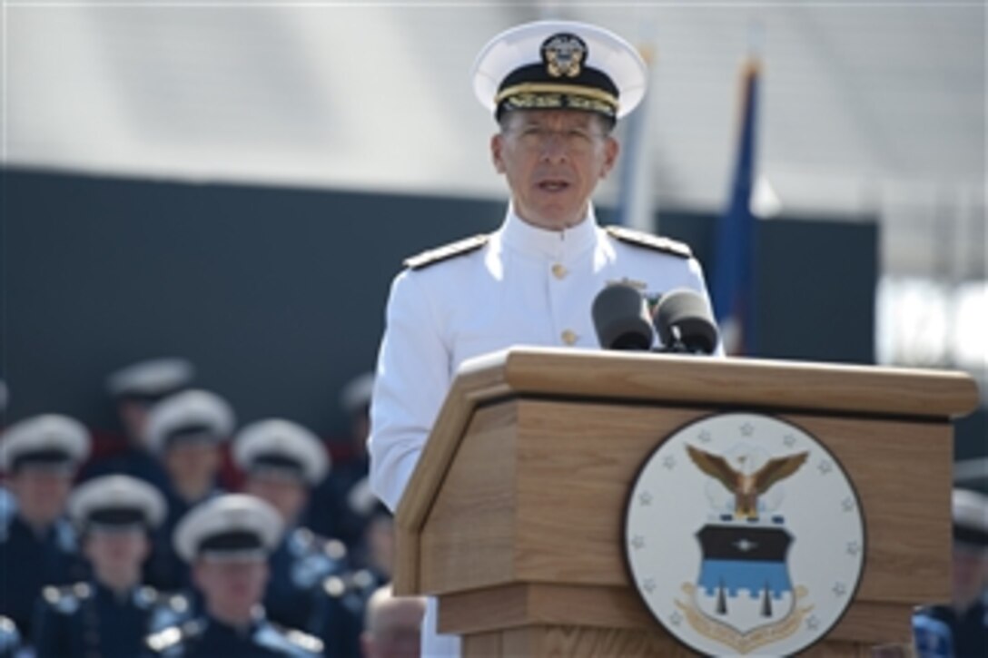 Chairman of the Joint Chiefs of Staff Adm. Mike Mullen, U.S. Navy, addresses the U.S. Air Force Academy graduates, their families and friends at the school's commencement ceremonies at Falcon Stadium in Colorado Springs, Colo., on May 26, 2010.  Mullen's message to the 1,001 newly commissioned second lieutenants focused on duty and service to the country.  