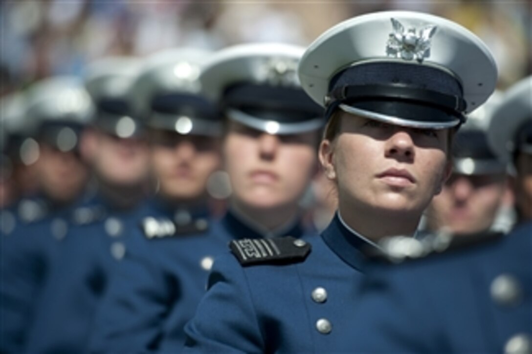 U.S. Air Force Academy cadets listen as Chairman of the Joint Chiefs of Staff Adm. Mike Mullen, U.S. Navy, addresses the school's graduates during commencement ceremonies at Falcon Stadium in Colorado Springs, Colo., on May 26, 2010.  