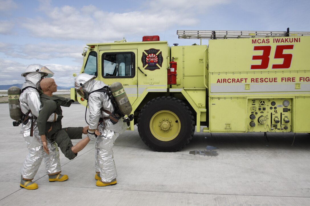 Lance Cpl.’s Vander Molen and Gerald Clark, Aircraft Rescue and Firefighting specialists, conduct a casualty drill here May 27. In order to maintain readiness and stay alert, ARFF performs regular training that requires meticulous focus and concentration.