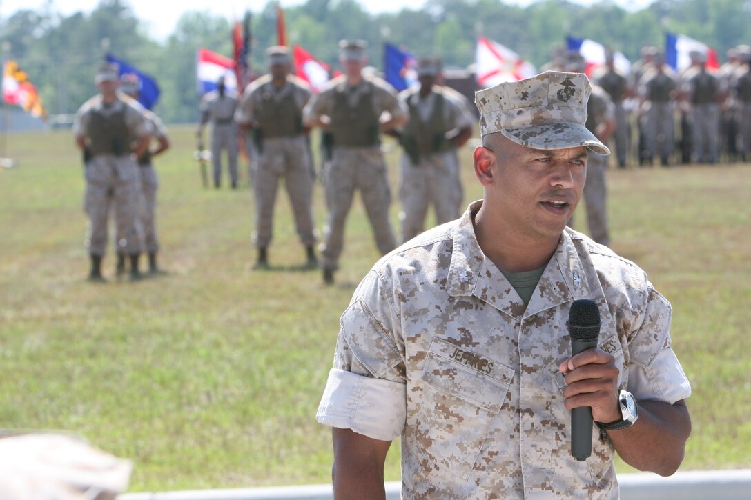 Col. Edward M. Jeffries Jr. talks to all in attendance after taking command of the of the Marine Special Operations Regiment at the MARSOC headquarters building on May 27. Jeffries took command from Col. Dan R. Masur Jr. Masur’s next assignment will be as the MARSOC assistant chief of staff, G-3.