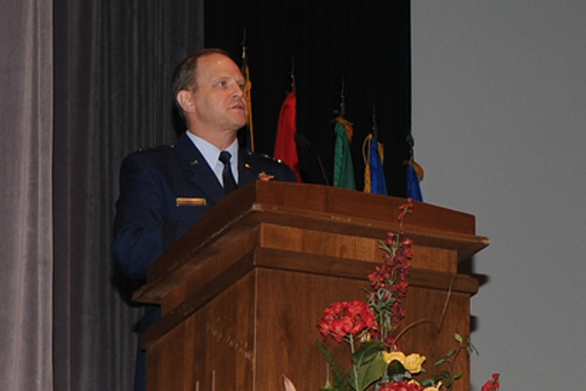 Maj. Gen. Jay Lindell, Director, Global Power Programs, Office of the Assistant Secretary of the Air Force for Acquisition, Headquarters U.S. Air Force, Washington, D.C., speaks at the graduation of Specialized Undergraduate Pilot Training Class 10-09 May 21 at the Kaye Auditorium. (U.S. Air Force photo/Melissa Duncan). 

