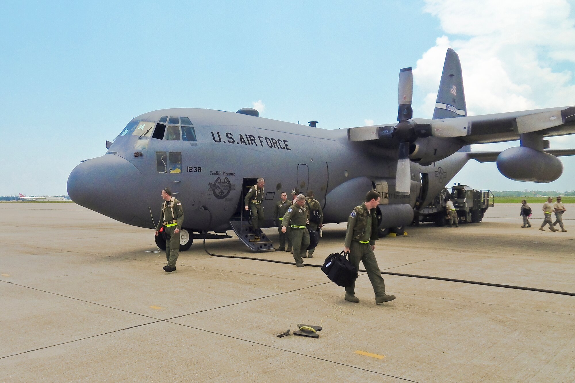 Members of the 123rd Airlift Wing arrive at the Gulfport Combat Readiness Training Center in Gulfport, Miss., on May 18, 2010. The wing and two other units were being evaluated by the Air Mobility Command Inspector General as part of the first-ever homeland security/homeland defense Operational Readiness Inspection. (U.S. Air Force photo/Tech. Sgt. Dennis Flora)(Released)