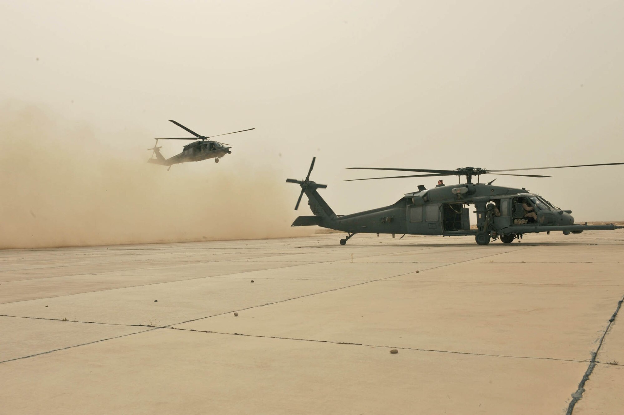 HH-60G Pave Hawk aircrews assigned to the 64th Expeditionary Rescue Squadron practice tactical maneuvers during a training flight May 15, 2010, near Joint Base Balad, Iraq. (U.S. Air Force photo/Staff Sgt. Quinton Russ)
