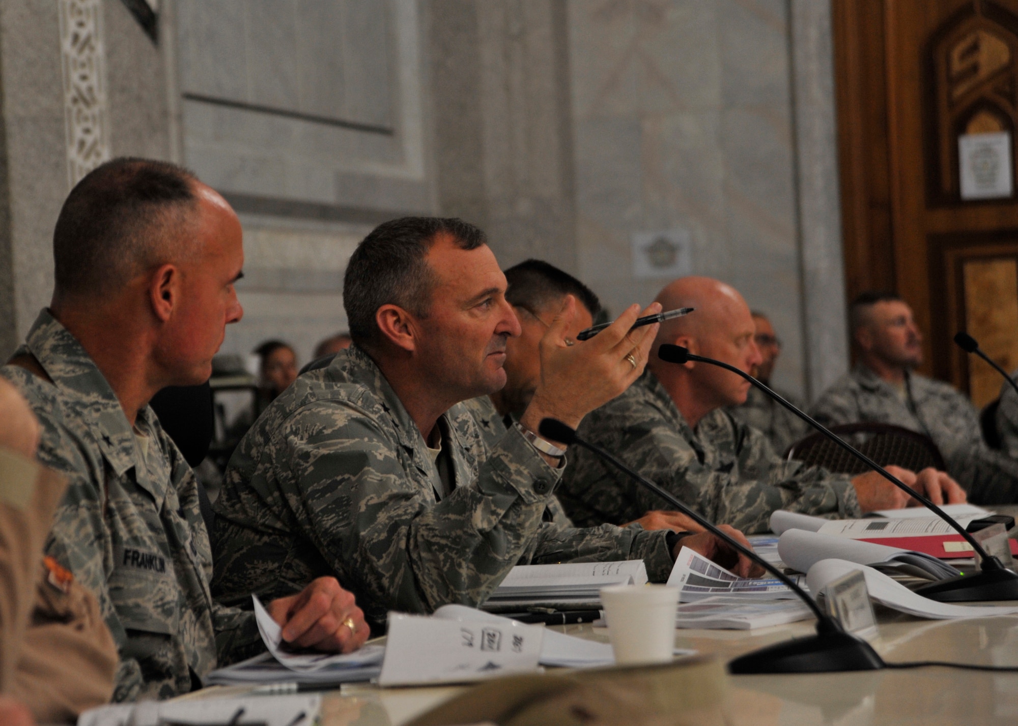 U.S. Air Force Maj. Gen. Joseph Reynes, Jr., Director, Air Component Coordination Element, asks a question during the executive out brief at the Air Force Central Command-Iraq Planning Conference at Al Faw Palace, Camp Victory, Iraq, May 28, 2010. The purpose of the conference is to bring United States Forces-Iraq and Air Force Central Command planners together to discuss the Air Force's role during U.S. forces transition from full spectrum operations to stability operations. (U.S. Air Force photo/Senior Airman Perry Aston/Released)