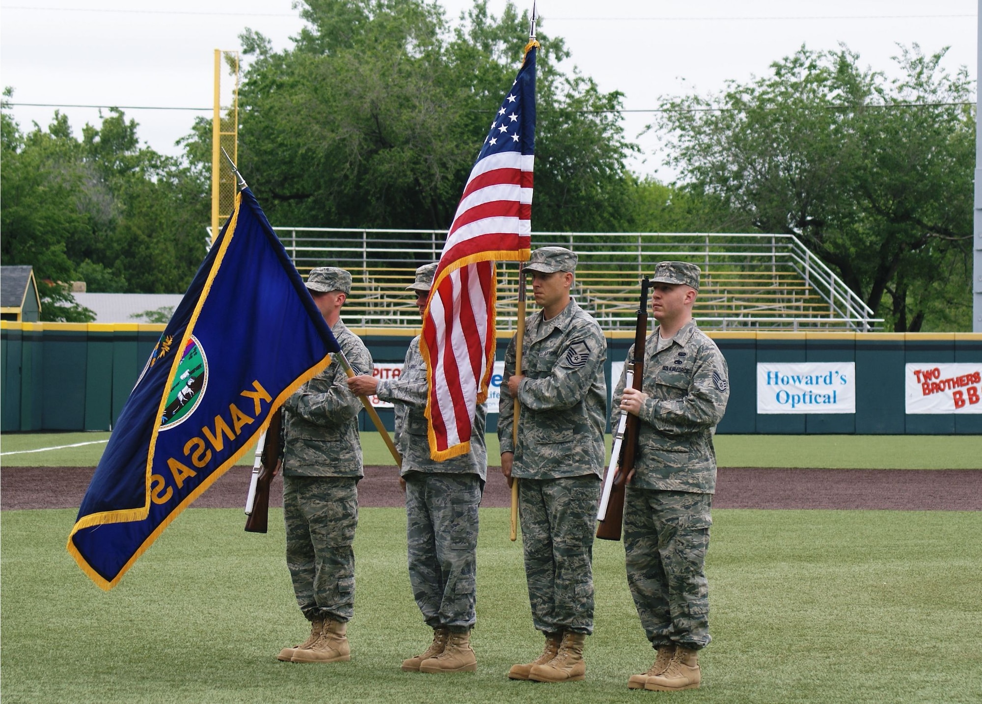 The 184th Intelligence Wing was out in force at the WSU Baseball's Military
Appreciation Day ballgame on May 15th.  The 134th Air Control Squadron
provided vehicle displays for fans at the main entrance to WSU's  Eck
Stadium. In addition, 184th Honor Guard (SMSgt Angstadt, MSgt Gardinier,
SSgt Keith Melvin, SSgt Anthony Garner) kicked the day off by posting the
colors for the playing of the National Anthem.  


