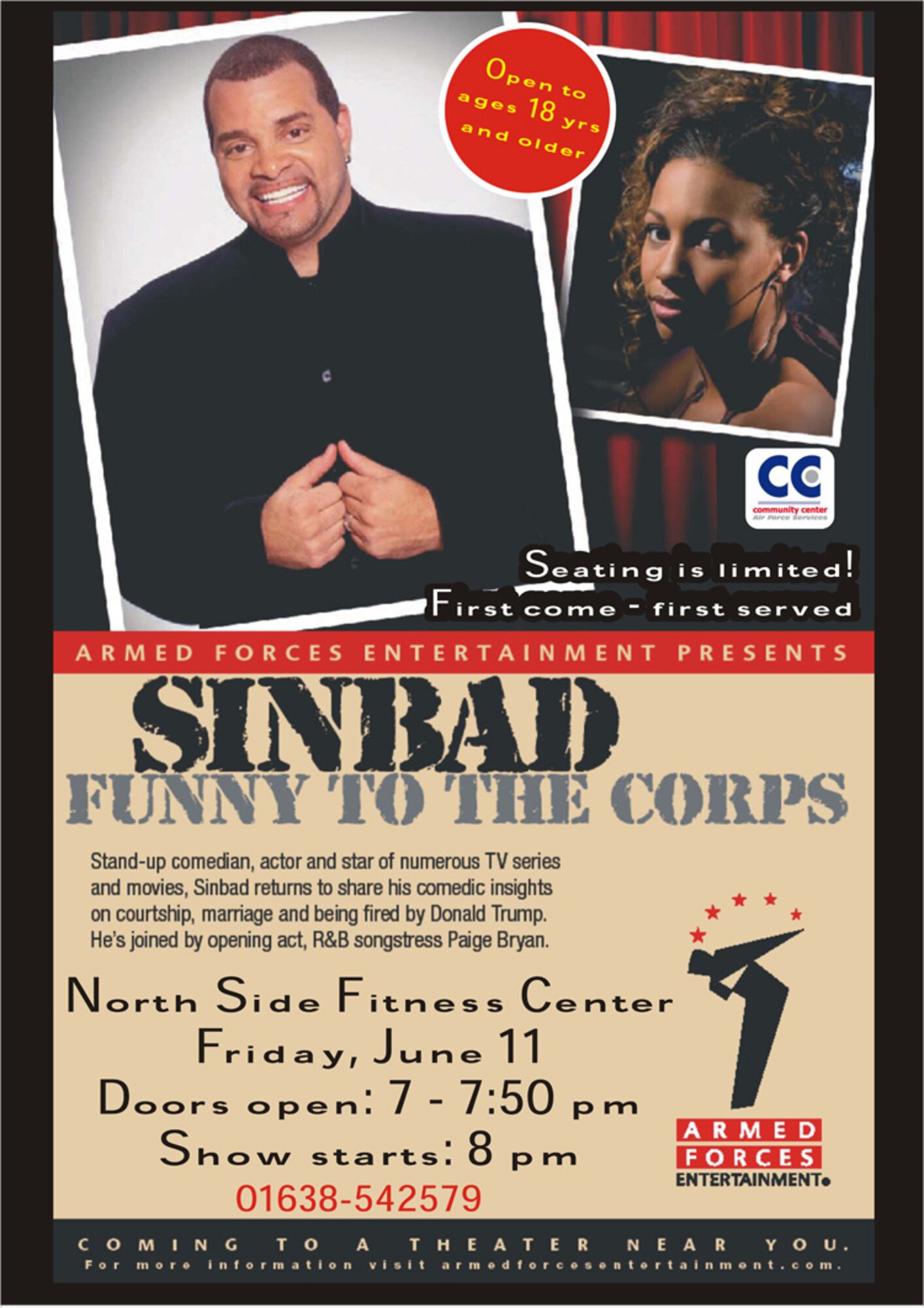 Armed Forces Entertainment will be bringing stand-up comedian Sinbad and R&B performing songstress Paige Bryan to RAF Mildenhall June 11. The duo will perform in the North Side Fitness Center at 8 p.m. (Courtesy graphic)