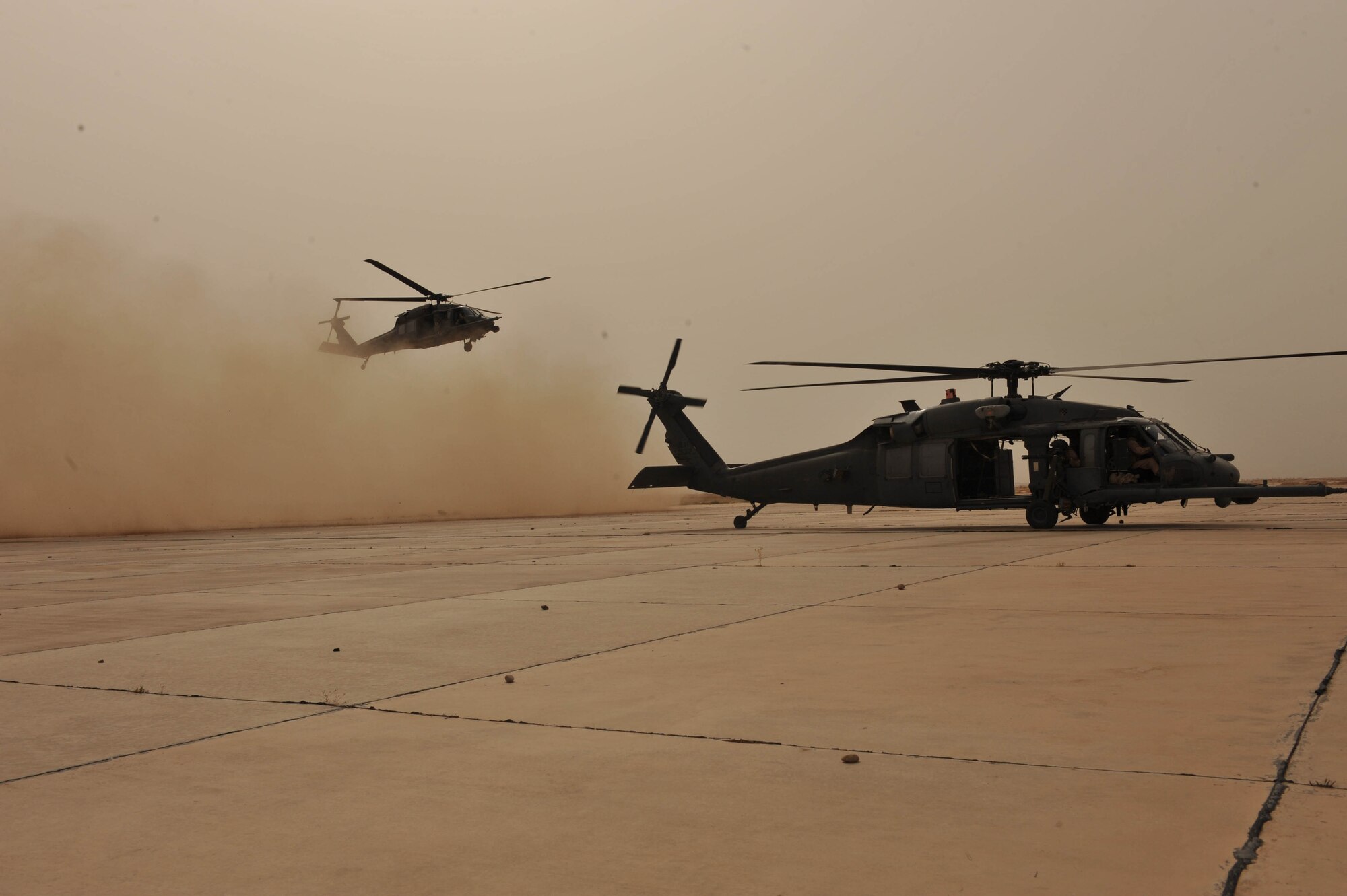 HH-60 Pave Hawk aircrews assigned to the 64th Expeditionary Rescue Squadron practice tactical maneuvers during a training flight May 15, 2010, near Joint Base Balad, Iraq. (U.S. Air Force photo/Staff Sgt. Quinton Russ/released)