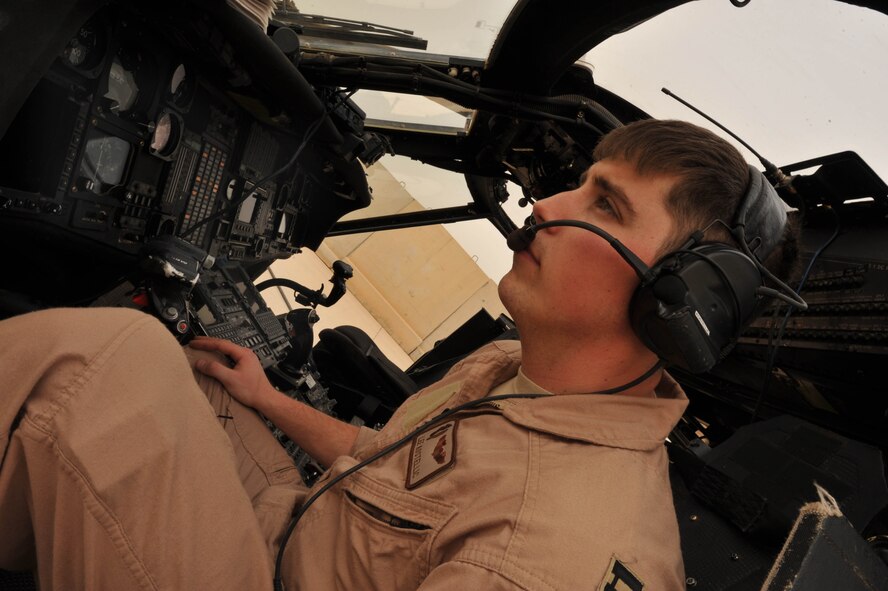 U.S. Air Force  Capt. Lee Kostellic, an HH-60 Pave Hawk helicopter pilot, assigned to the 64th Expeditionary Rescue Squadron, preflights the controls of an HH-60 before a training mission, May 15, 2010, at Joint Base Balad, Iraq.  (U.S. Air Force photo/Staff Sgt. Quinton Russ/released)