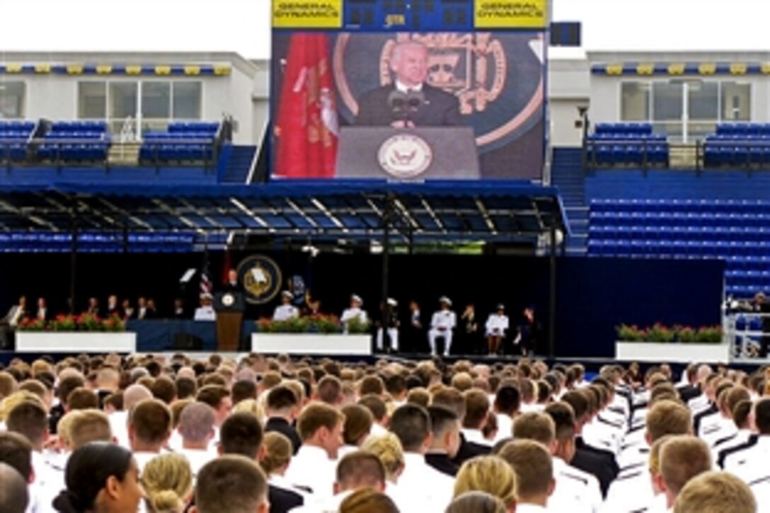 Members of the U.S. Naval Academy Class of 2010 listen as Vice President Joe Biden praises them for stepping forward to serve and challenges them to make their mark as leaders who inspire others during their graduation and commissioning ceremonies in Annapolis, Md., May 28, 2010. 