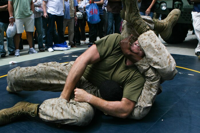 U.S. Marines with Special Marine Ground Task Force demonstrated the Marine Corps Martial Arts Program as well as displayed weaponry in support of Fleet Week New York City 2010.  More than 3,000 Marines, Sailors and Coast Guardsmen will be in the area participating in community outreach events and equipment demonstrations. This is the 26th year New York City has hosted the sea services for Fleet Week. (U.S. Marine Corps photo by Cpl. Patrick P. Evenson)