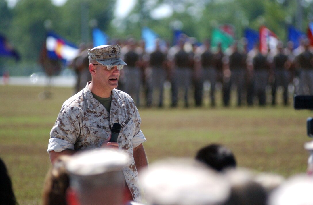 Col. Dan R. Masur Jr. reflects on his time spent as the commander of the Marine Special Operations Regiment following a change of command ceremony at the MARSOC headquarters building on May 27. Masur relinquished command to Col. Edward M. Jeffries Jr. Masur’s next assignment will be as the MARSOC assistant chief of staff, G-3.