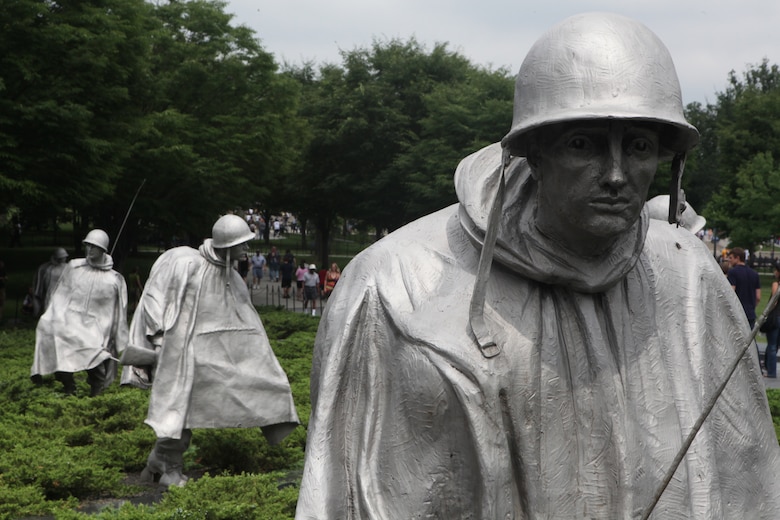 The 19 statues in the Korean War Veterans Memorial stand in a formation representing a patrol. The original design for the memorial involved 38 service members, representing the 38th parallel - the border between North and South Korea before the war started. However, due to space restraints, the designers opted to use 19 service members in the memorial and count their reflections on the wall to reach the number 38. The Korean War started 60 years ago on June 25, 1960, when North Korean forces crossed the border into South Korea.