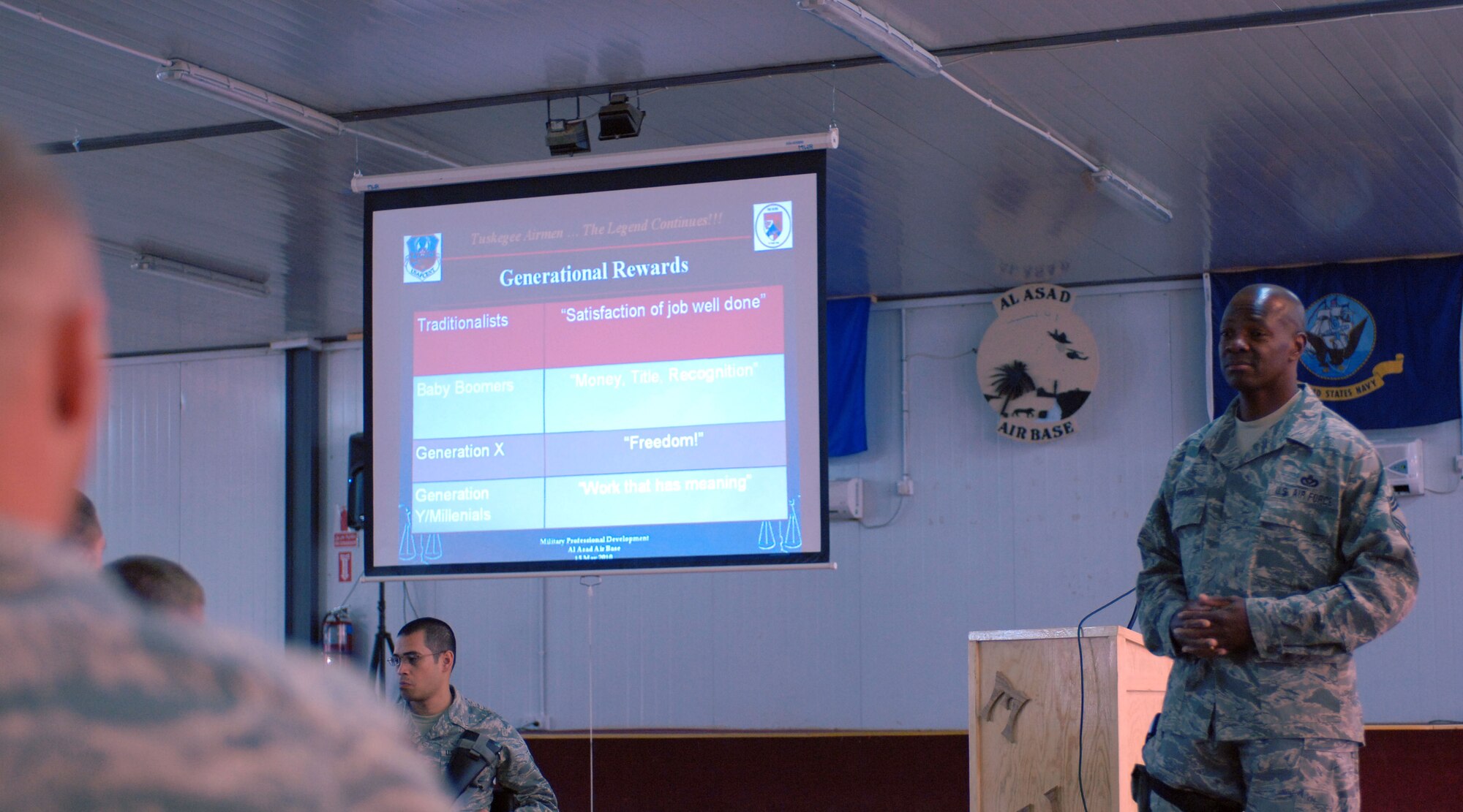 Air Force Chief Master Sgt.  Donald R. Cyprain gives a presentation called “The Generational Diversity; Learning to Bridge the Gap” May 15, at Al Asad Air Base, Iraq, to more than 20 military and civilian attendees to further enhance the capabilities of current and future supervisors and provide a better understanding of how each generation best operates. Professional development courses are used to further cultivate leadership skills and military professionalism in support of voluntary education opportunities to enhance professional growth. 