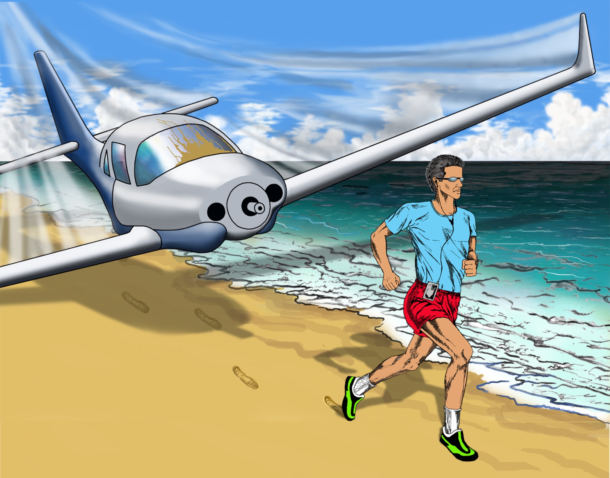 With oil on its windshield and the propeller lost, a single-engine, experimental aircraft glided   into a jogger during an emergency landing. 
The jogger was listening to an iPod.
(Color Illustration by Sammie W. King)
