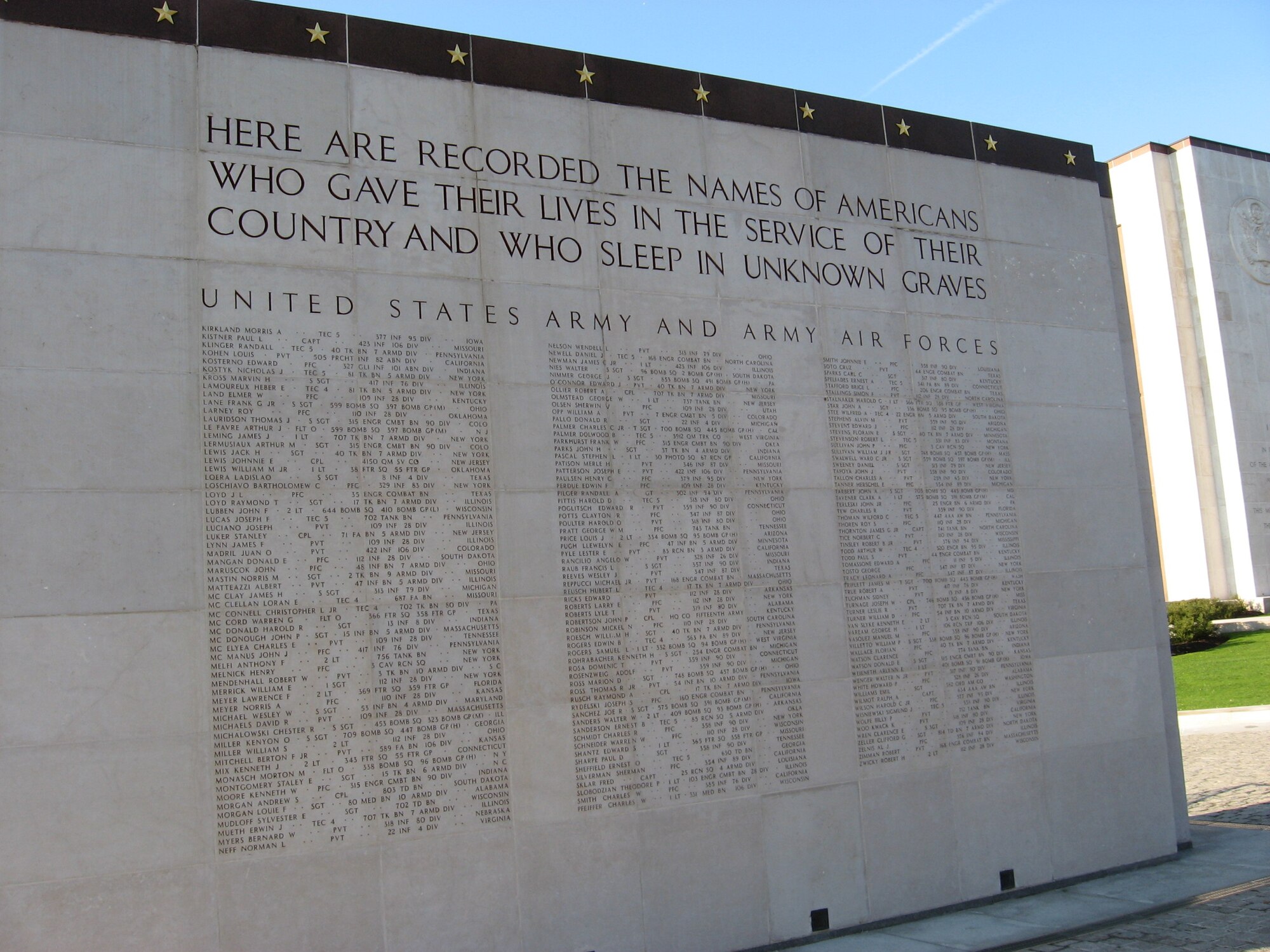 World War II memorial at the Luxembourg American Cemetery and Memorial stands in honor of the 5,076 Americans who gave their lives during the war. (U.S. Air Force Photo/ Chief Master Sgt. Ben Futrell)