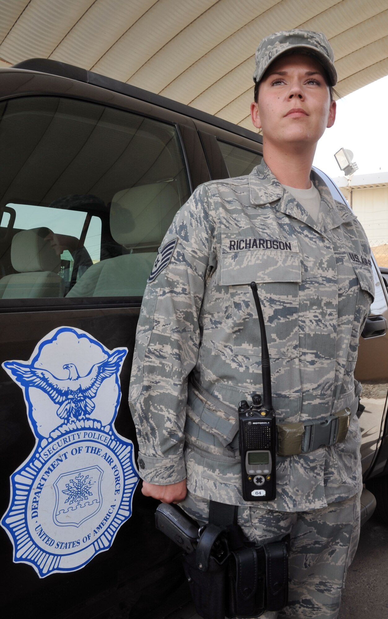 Tech. Sgt. Carrie Richardson is a security forces craftsman with the 380th Expeditionary Security Forces Squadron at a non-disclosed base in Southwest Asia. Here she is pictured on May 29, 2010. Sergeant Richardson is deployed from the 66th Security Forces Squadron at Hanscom Air Force Base, Mass., and her hometown is Philadelphia, Penn. (U.S. Air Force Photo/Master Sgt. Scott T. Sturkol/Released)
