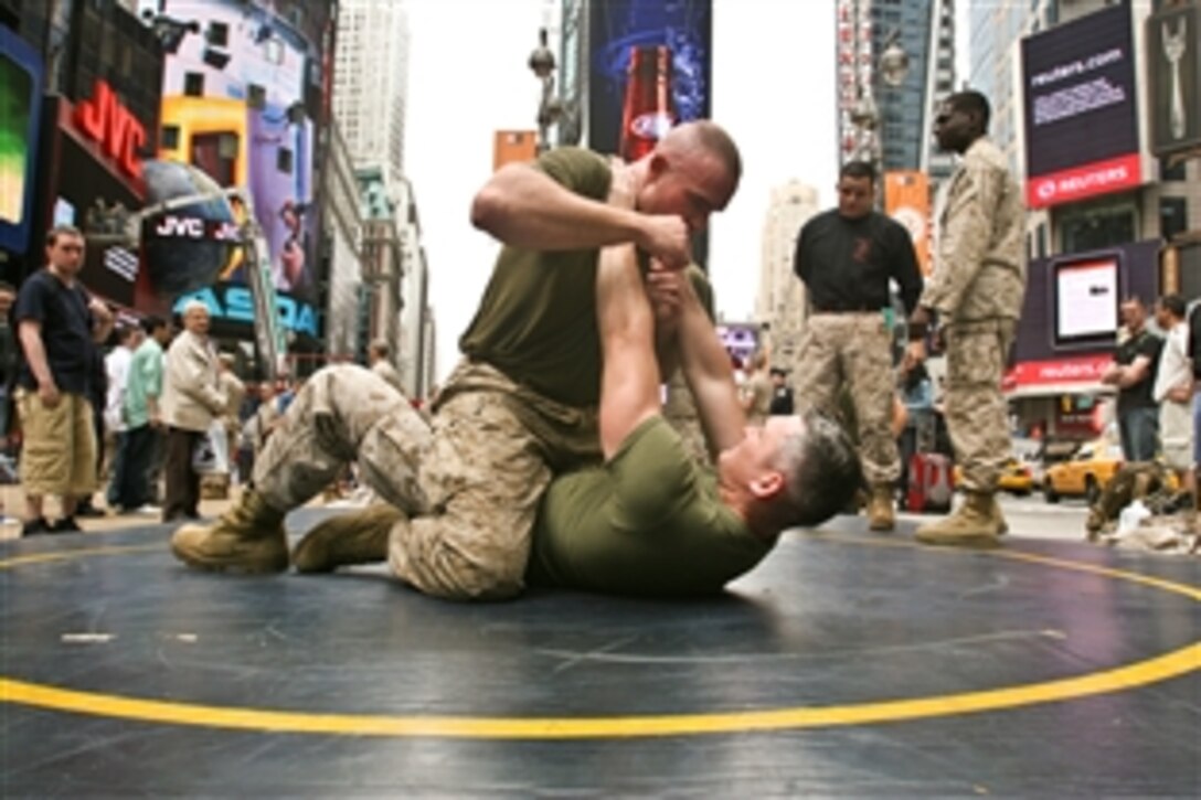 U.S. Marines with a Special Marine Ground Task Force unit demonstrate the Marine Corps Martial Arts Program during Fleet Week New York City 2010, May 28, 2010. More than 3,000 Marines, sailors and Coast Guardsmen are in the New York area participating in community outreach events and equipment demonstrations during the city's 26th annual celebration. 