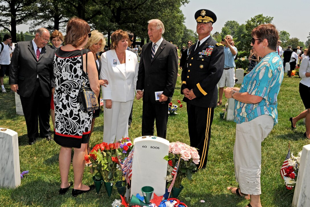 Before leaving Arlington National Cemetery, after speaking at the annual Memorial Day Observance, May 31, 2010, Vice President Joe Biden and his wife Jill stopped by Section 60 - where some of our nation's most recently fallen heroes lie - to talk with family members and offer personal condolences.