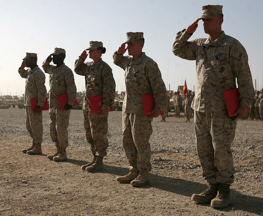 (From left to right) Staff Sgt. D'Andre Gillon, Cpl. Jeremy Salsberry and Lance Cpls. Amanda Trombley, Thomas Rea and Zachary Lohr, salute their commanding officer upon receiving Purple Heart medals during a Memorial Day service and awards ceremony aboard Camp Leatherneck, Afghanistan, May 31. The Marines, all members of Alpha Company, Combat Logistics Battalion 6, 1st Marine Logistics Group (Forward), were awarded the medals in recognition of wounds sustained during actions in direct service support of combat operations in Helmand province.