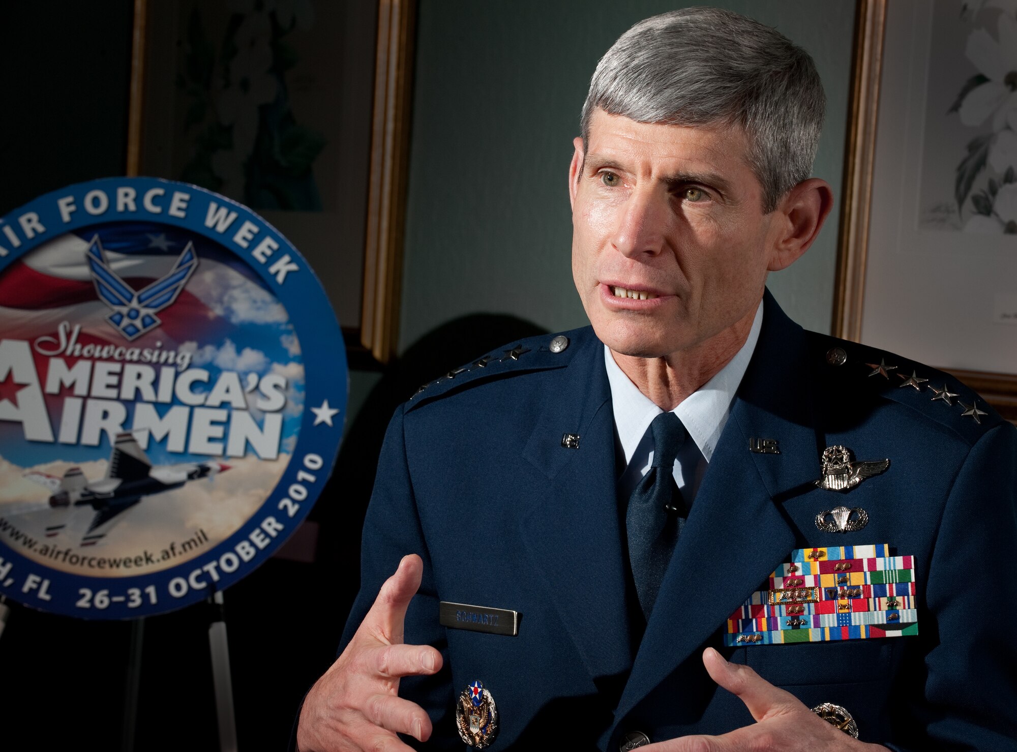 Air Force Chief of Staff Gen. Norton Schwartz discusses Air Force Week Cocoa Beach 2010 during an interview in Cocoa Beach, Fla., on Oct. 29, 2010. (U.S. Air Force photo/Lance Cheung) 