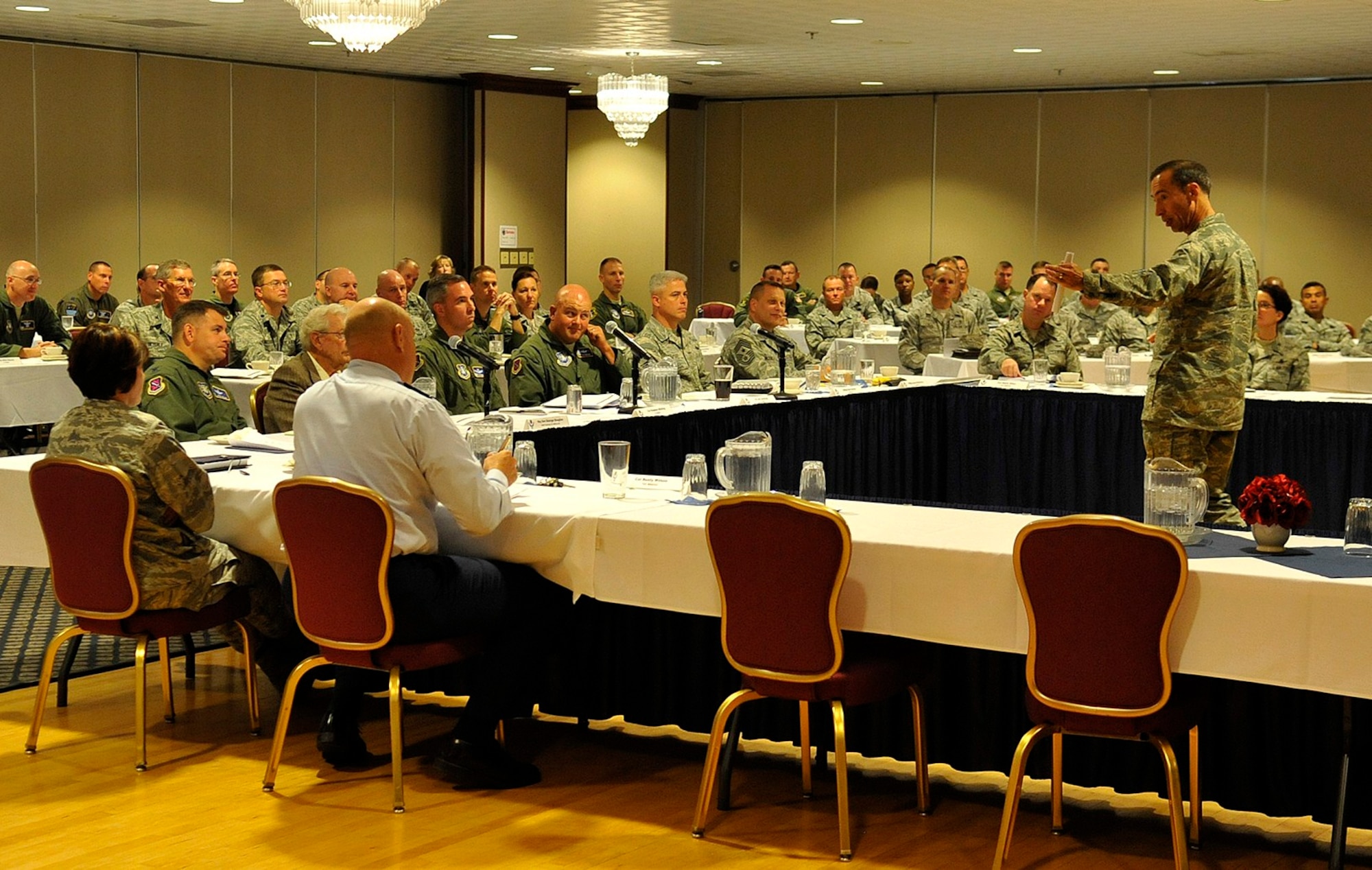PETERSON AIR FORCE BASE, Colo. – Lt. Gen. Larry D. James, 14th Air Force commander, address attendees of the 21st Space Wing commanders conference, hosted by Col. Stephen N. Whiting, 21st Space Wing commander, at the Peterson AFB Club. The conference took place Oct. 20 to 22 and was an opportunity for wing commanders to review key issues applicable to all commanders and superintendents, in additional to finalizing Operational Readiness Inspection/Unit Compliance Inspection preparations. (U.S. Air Force photo/Rob Bussard)