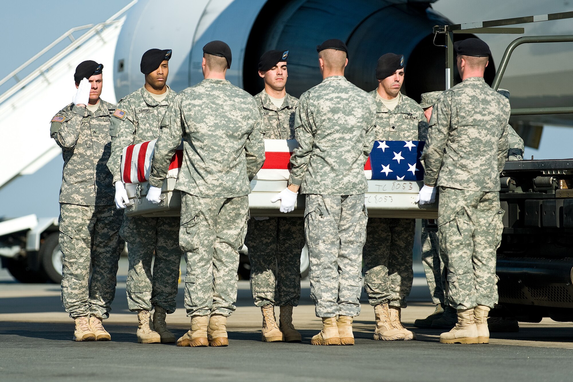 A U.S. Army carry team transfers the remains of Army Spc. Perdo A. Maldonado, of Houston, Texas, at Dover Air Force Base, Del., Oct. 31, 2010. Maldonado was assigned to the 1st Battalion, 502nd Infantry Regiment, 2nd Brigade Combat Team, 101st Airborne Division (Air Assault), Fort Campbell, Ky. (U.S. Air Force photo/Roland Balik)
