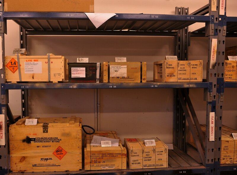 MOODY AIR FORCE BASE, Ga. -- Repackaged munitions sit on a shelf after a munitions inspector training course here Nov. 1. Every package that sits on the shelf is inspected or re-inspected by Airmen from the 23rd Equipment Maintenance Squadron munitions flight and is labeled, packaged and sealed properly. (U.S. Air Force photo/Airman 1st Class Joshua Green)(RELEASED)
