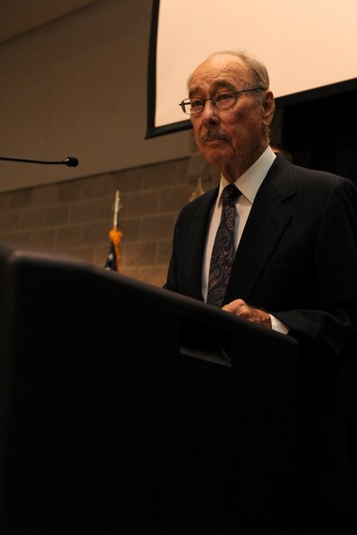 VALDOSTA, Ga. -- Steve Bonner, retired member of the Flying Tigers, gives the Prisoner of War/Missing in Action remembrance speech during the Flying Tiger Reunion dinner at the Rainwater Conference Center in Valdosta, Ga. Approximately 200 people including retired and active military members and their spouses came out to honor past Flying Tigers. (U.S. Air Force photo/Airman 1st Class Benjamin Wiseman)(RELEASED)