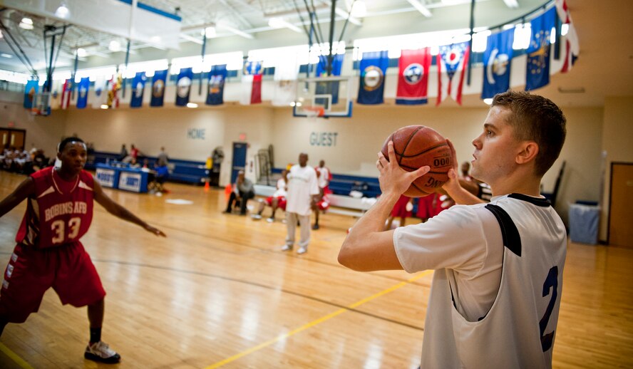 MOODY AIR FORCE BASE, Ga. -- Joseph Thompson, varsity team shooting guard, prepares for an in-bound pass during a basketball game against Robins Air Force Base Oct. 30. Moody made 19 of 47 free-throw attempts in the 75-60 loss. (U.S. Air Force photo/Senior Airman Jamal D. Sutter)(RELEASED)