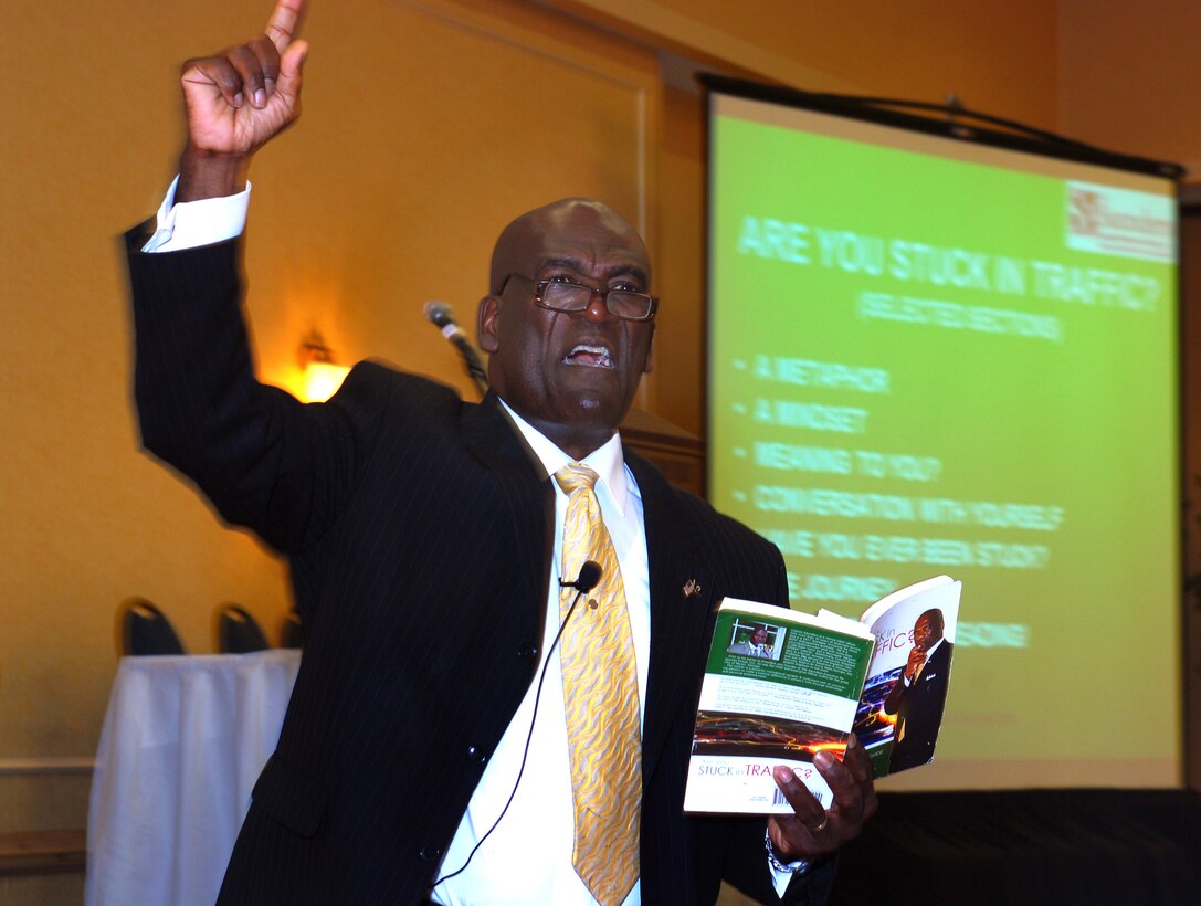 Retired Col. Bill Saunders provided an energetic, motivational presentation to the Air Force Reserve personnel in attendance at the biennial Human Resource Development Council Workshop. (U.S. Air Force photo/ Brad Fallin)