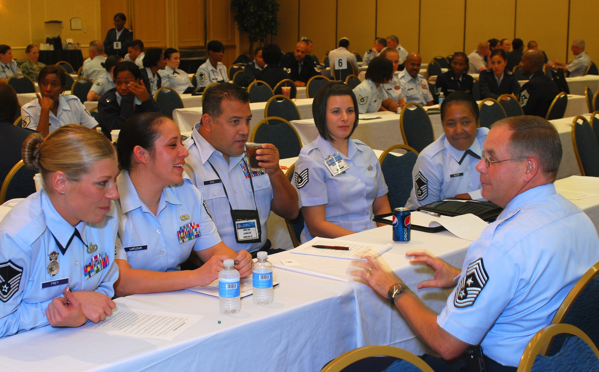 Air Force Reserve Airmen, NCOs, and Senior NCOs participate in a speed mentoring exercise during the biennial Human Resource Development Council Workshop.(U.S. Air Force photo/ Brad Fallin)