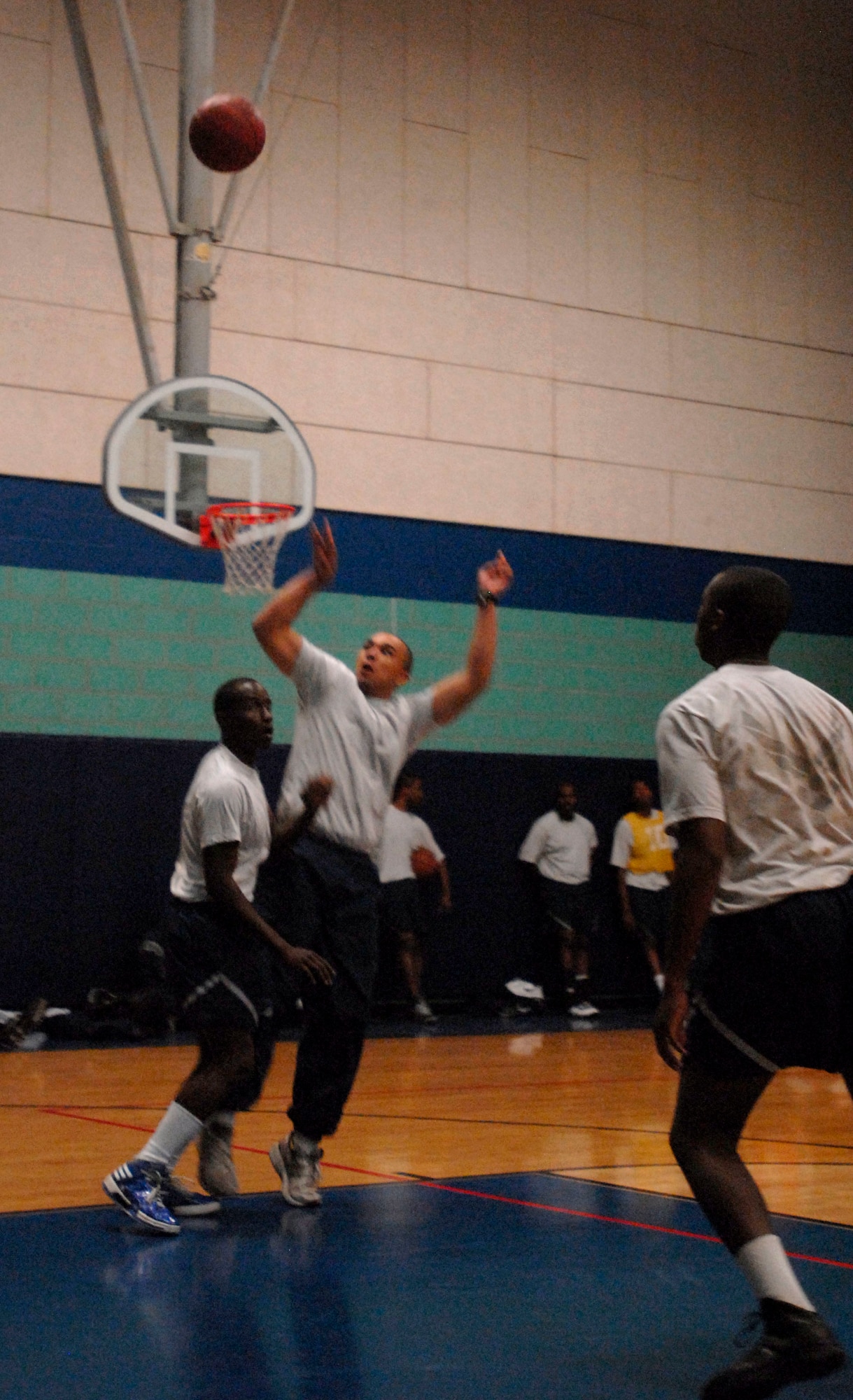 GOODFELLOW AIR FORCE BASE, Texas-- Airmen face-off in basketball as part of the quarterly Sports Day Oct. 29 at the Mathis fitness center here. The day-long, morale-boosting event is held once per quarter and lets servicemembers participate in friendly competitions among themselves and other branches of service. (U.S. Air Force photo/Airman 1st Class Jessica D. Keith)