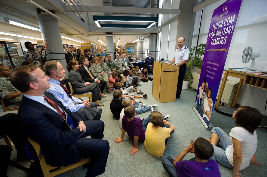 Col. Manson Morris, 436th Airlift Wing commander, speaks to students, parents and other members of Team Dover at the Dover Air Force Base Library Oct. 28, 2010, during an announcement event for free online tutoring for active duty military members and their families.  The Department of Defense, in partnership with Tutor.com, offers free online tutoring 24 hours a day, 7 days a week.  To sign up for the free service, interested members need to visit the Base Library to receive a username and password.  (U.S. Air Force photo by Jason Minto/Released) 