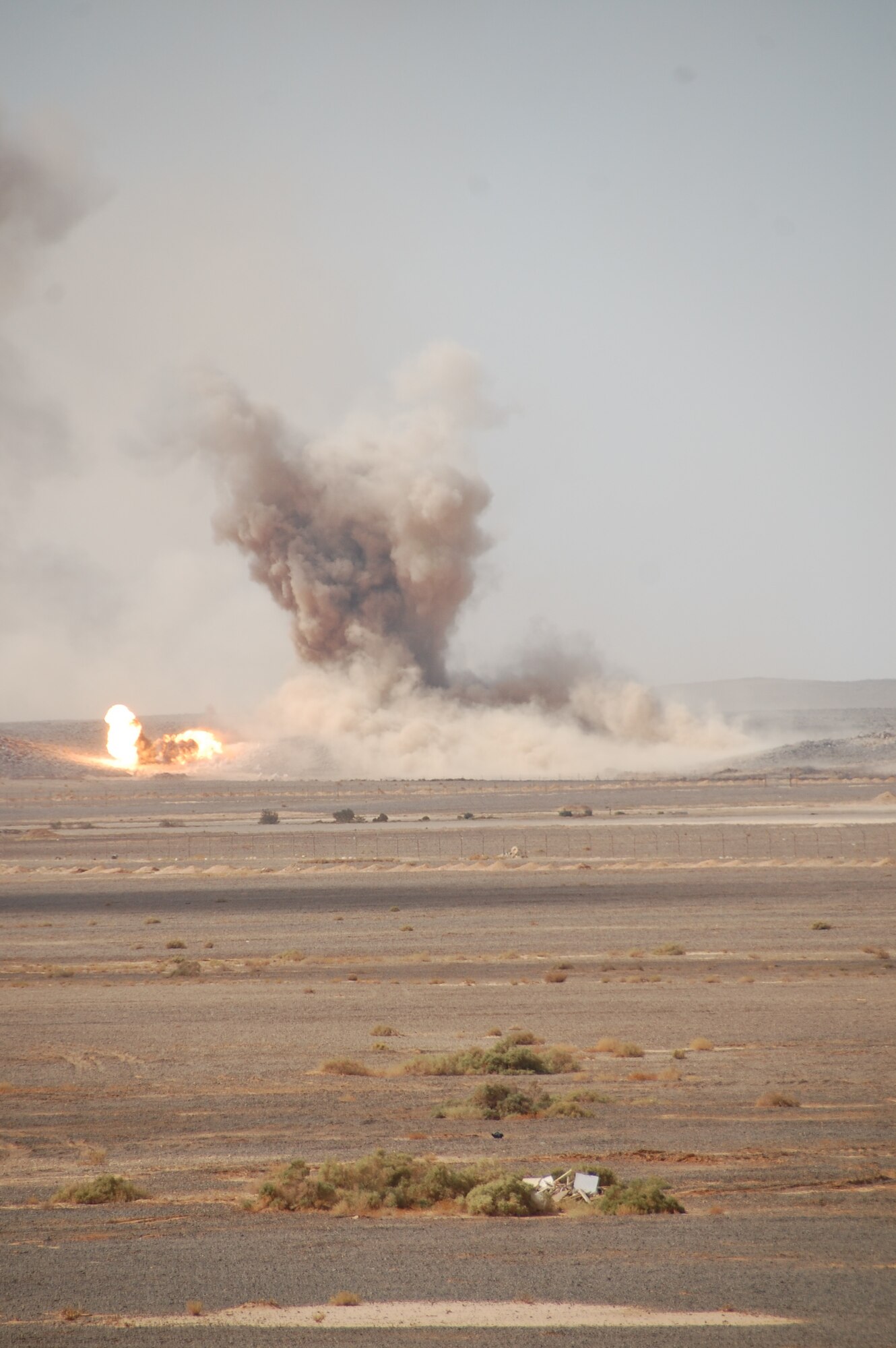 An F-16 from Shaw Air Force Base, S.C., makes a direct hit on a target during a live fire competition at Falcon Air Meet 2010 in Azraq, Jordan. Falcon Air Meet is held every year and is hosted by the Royal Jordanian Air Force. The highlight of the competition is the live fire exercise. (U.S. Air Force Photo by Mr. Alan Black)