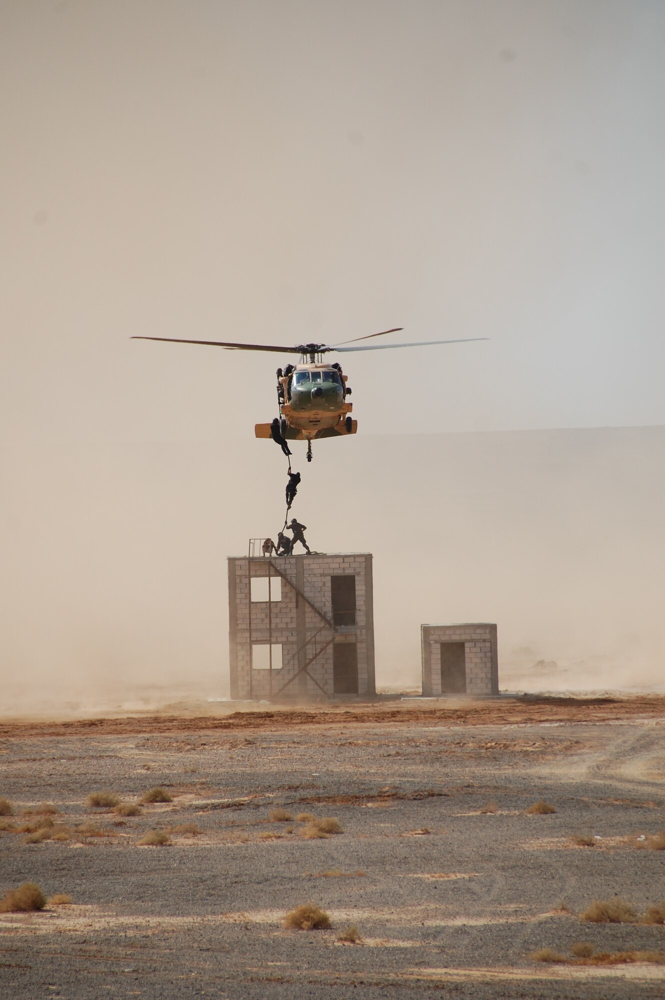 A Jordanian special forces unit demonstrates securing a building from a helicopter during Falcon Air Meet 2010 in Azraq, Jordan. U.S. Air Forces Central Command members participated in the two-week exercise building lasting partnerships with the Royal Jordanian Air Force. The exercise is held annually in Jordan and this is the fourth year the Americans have participated in it. (U.S. Air Force Photo by Mr. Alan Black)