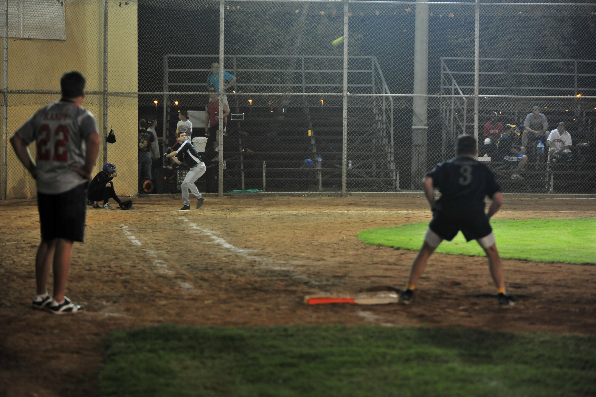 David Groendyk, an Office Jockeys team member assigned to the area defense council, prepares to swing at a pitch during the Late Night Softball Tournament Oct. 22, 2010 at Incirlik Air Base, Turkey.  Four teams competed in the event.  The next tournament is scheduled for April 29, 2011.  (U.S. Air Force photo by Senior Airman Ashley Wood/Released)