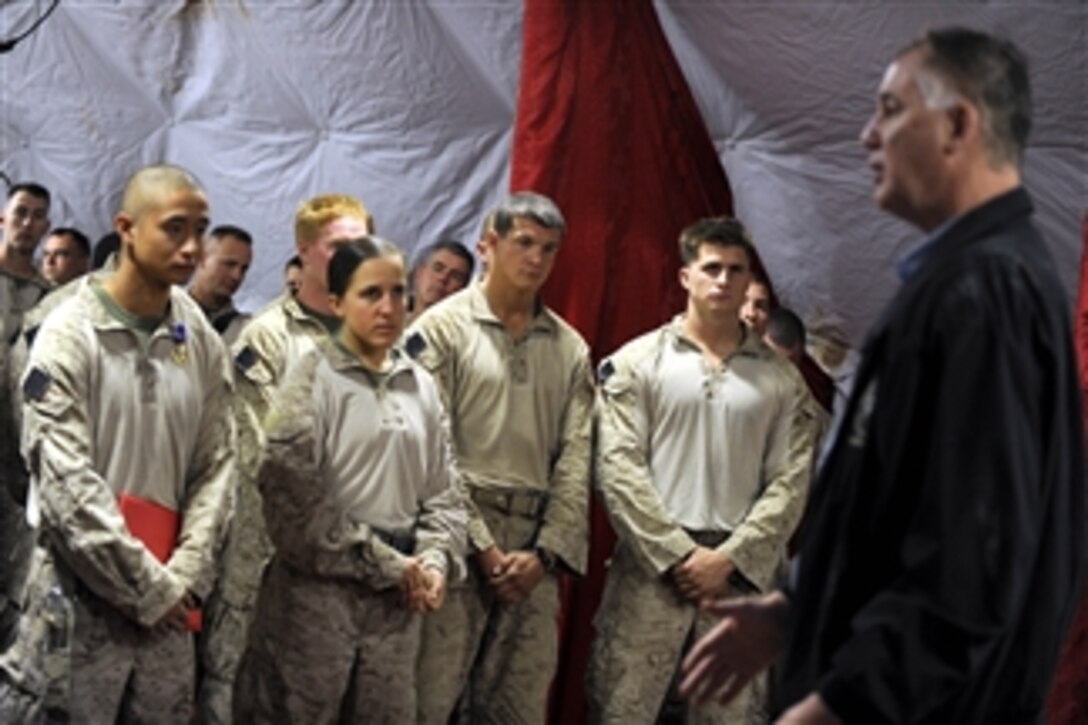 Deputy Secretary of Defense William J. Lynn III speaks with Marines assigned to Task Force 33 in Nawa, Afghanistan, on Oct. 28, 2010.  