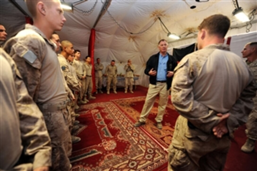Deputy Secretary of Defense William J. Lynn III speaks with Marines assigned to Task Force 33 in Nawa, Afghanistan, on Oct. 28, 2010.  