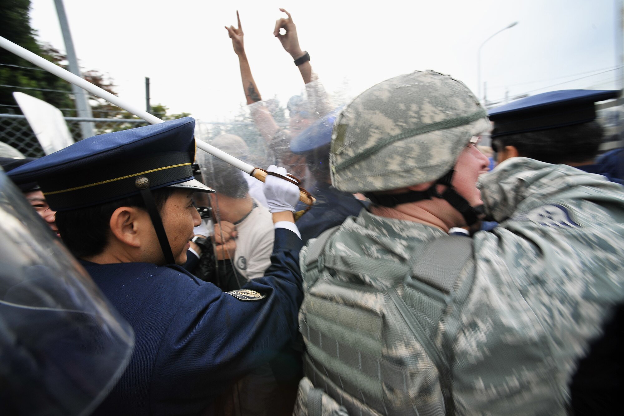 YOKOTA AIR BASE, Japan -- The 374th Security Forces Squadron conducted its first-ever Joint Confrontation Management Exercise with members of the 7th Riot Police, Tokyo Metropolitan Police Department, here Nov. 2. (U.S. Air Force photo/Osakabe Yasuo)